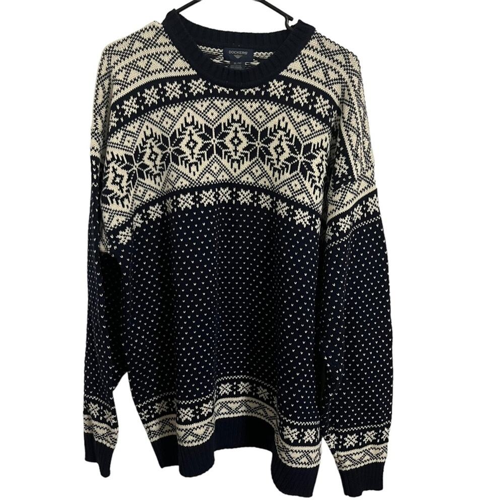 Docker’s Fair Isle Snowflake Cotton Knit Navy Blue White Holiday Sweater Size XL